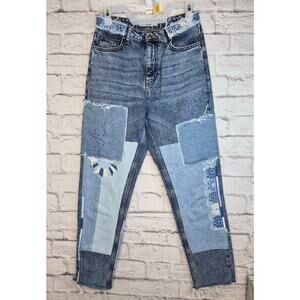 Topshop Moto Mom Jeans Patchwork Distressed Embroidered High Rise Blue W28 L30